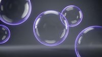 Floating translucent spheres with glowing purple neon edges on dark background, suitable for tech, science, and digital design projects.