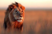 Majestic male lion with rich orange mane illuminated by golden sunset light, side profile portrait against blurred savanna background in warm earth tones.