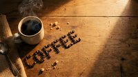 Steaming cup of black coffee on rustic wooden table with word coffee spelled out in roasted beans, warm morning light.