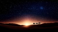 Desert caravan silhouette with camels walking across sand dunes under starry night sky with glowing horizon at dawn or dusk for travel and adventure themes.