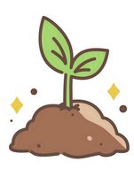 Young green sprout growing from soil pile with sparkles, drawn in kawaii style. Simple line art design on white background for eco and gardening concepts.
