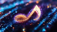 Glowing golden musical note on dark blue sparkly background with bokeh lights and glitter effect creates magical atmosphere for music themes and events.