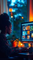 Young African American woman working late at computer, viewing photo gallery in dark room with ambient blue and orange lighting, side profile with natural curly hair.