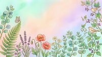Watercolor botanical garden background with poppies, ferns, lavender, daisies, birds and berries on pastel rainbow gradient for cards.
