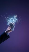 Businessman hand holding glowing lightbulb with gears and arrow icons, representing innovation, strategy, and business growth for corporate success concepts.