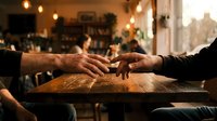 Two people reaching across wooden table touching hands in warm cozy cafe restaurant with soft lighting creating intimate romantic atmosphere for connection.
