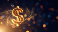Glowing golden dollar sign with magical light effects and bokeh particles on dark blue background for finance and wealth concepts.
