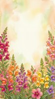 Watercolor snapdragon garden border with colorful blooms in pink, orange, yellow and purple on soft pastel background with copy space.