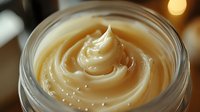 Creamy swirled cosmetic cream in glass jar with smooth texture for skincare and beauty routine applications.