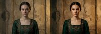 Two young Caucasian women in matching emerald green medieval dresses with ornate embroidery standing against weathered stone wall background for historical drama.