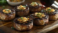 Grilled beef tenderloin medallions topped with garlic herb butter on wooden cutting board, close up view of juicy steak filets with charred grill marks.