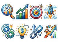 Startup business growth strategy icons with magnifying glass, charts, target, rocket, gears, lightbulb, link and arrow symbols isolated on white background for web design and marketing materials.