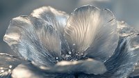 Delicate frost crystals form ethereal flower petals in extreme macro, creating a dreamy winter nature composition with soft blue tones and sparkling ice details.