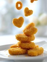 Crispy golden chicken nuggets in heart and ring shapes falling onto stacked pieces on white plate, bright background.