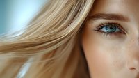 Close up portrait of young Caucasian woman with blue eyes, blonde hair and natural freckles on clean skin against blurred light background.