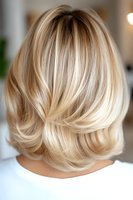 Blonde layered bob hairstyle with highlights and lowlights shown from back view, demonstrating professional hair coloring technique and modern cut styling.