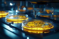 Laboratory petri dishes with glowing yellow culture medium under microscope in modern research facility, scientific experiment in progress.