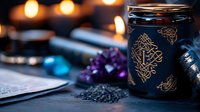 Mystical black jar with golden ornate patterns surrounded by crystals, dice, and scattered herbs on dark surface with glowing candles in background.