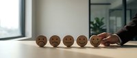 Business professional arranging wooden emotion faces from sad to happy on office desk, representing customer satisfaction feedback and service rating concept.