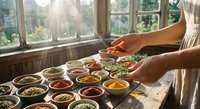 Woman hands selecting colorful spices and herbs from wooden bowls arranged on rustic table near sunny window for cooking and culinary preparation.