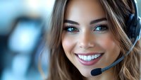 Young female customer service representative with headset smiling warmly at camera. Professional portrait with soft blue background highlights bright eyes and friendly expression.