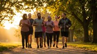 Group of diverse runners posing together in park during golden hour sunset after morning jog workout session for fitness and healthy lifestyle motivation.