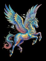 Ornate winged horse with intricate blue, gold, and purple patterns isolated on transparent background, ready for t-shirts, stickers, clipart, and print-on-demand designs.