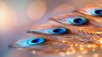 Vibrant peacock feathers with bright blue eyespots against blurred golden bokeh background create elegant natural pattern for luxury design and decoration.