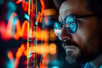 Bearded man with glasses reflecting colorful stock market data, analyzing financial charts in dark environment with vibrant trading information.
