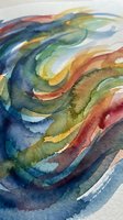 Abstract watercolor painting with flowing curved brushstrokes in vibrant rainbow colors creating dynamic swirling patterns on textured paper background.