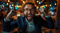 Excited businessman celebrating success outdoors at night with urban bokeh lights background. Genuine emotions of joy and achievement perfect for business victory concepts.