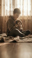 Young Asian man in hoodie sitting cross-legged on blanket holding beagle puppy in warm sunlit room with wooden floor and curtains creating cozy atmosphere.