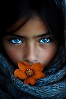 Young woman with striking blue eyes wrapped in dark fabric holding orange cosmos flower near face, dramatic lighting creates mysterious atmosphere.