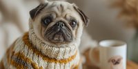 Adorable pug dog wearing cozy knit sweater sitting at table with coffee mug, perfect for pet care, winter fashion, and lifestyle content.