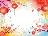 Festive spring celebration frame with red lanterns, blooming cherry blossoms, traditional ornaments and decorative clouds on gradient background.