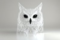 Geometric white owl face made of connected lines and dots on light background, digital network art style showing modern minimalist animal portrait.