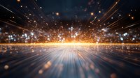 Glowing orange and blue light rays burst from horizon with sparkling particles and bokeh effects creating dramatic perspective depth on dark background.