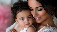 Tender moment between Hispanic mother and baby daughter in white lace dress, close-up portrait with soft pink bokeh background showing love and bonding.