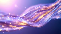 Magical glowing wave with sparkling golden and purple light trails, flowing energy stream with bokeh effect and shimmering particles on dark background.