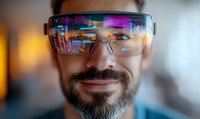 Caucasian man with beard wearing futuristic smart glasses with colorful digital display reflecting data visualization and augmented reality interface.