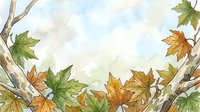 Watercolor autumn leaves and branches frame composition with green and golden foliage on white background, suitable for seasonal designs, cards, and fall-themed projects.