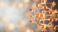 Abstract golden geometric shapes connected by glowing lines on soft bokeh background for modern technology and network concepts.