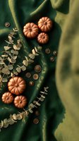 Autumn flat lay with orange pumpkins, eucalyptus branches and vintage buttons on green wool fabric for seasonal crafting and fall decoration projects.