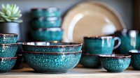 Handcrafted ceramic bowls and cups in turquoise glaze with textured surface finish arranged on dark background, rustic pottery collection for food styling and dining.