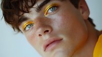 Young man with freckles and striking blue eyes wearing vibrant yellow makeup around eyes, close-up portrait showcasing creative artistic expression.