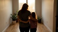 Mother and daughter walking together down hallway towards bright window, back view silhouette showing family bond and connection in warm home interior.