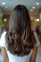 Back view of long dark brown hair with subtle highlights styled in soft waves and layers, shown on Asian woman wearing white top against blurred bokeh background.