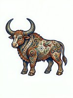 Ornamental bull with intricate tribal patterns and decorative swirls in warm tones, isolated on white background for design projects, apparel printing, and clipart use.