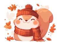 Cute cartoon squirrel wearing knitted winter hat and plaid scarf surrounded by falling autumn oak leaves on white background, isolated character for seasonal design.