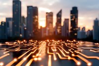 Glowing digital circuit lines against blurred city skyline at sunset, representing smart city technology and digital transformation in urban environment.
